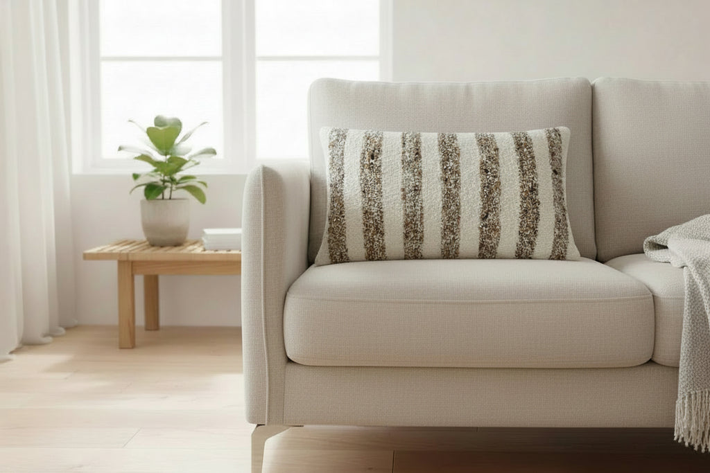 Beige sofa with a striped pillow in a bright living room